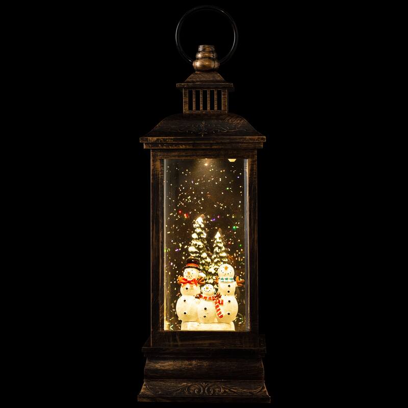 11" Black Brushed Gold LED Snowman Family Christmas Lantern Snow Globe
