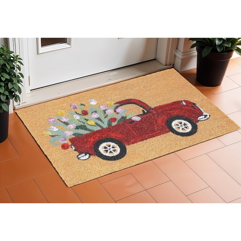 HomeRoots 17" X 29" Natural And Red Floral Outdoor Coir Door Mat - 17' X '29 - 17' X '29
