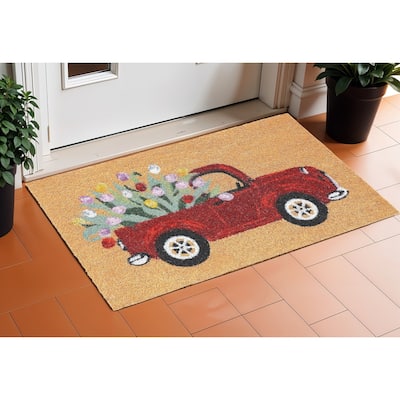 HomeRoots 17" X 29" Natural And Red Floral Outdoor Coir Door Mat - 17' X '29