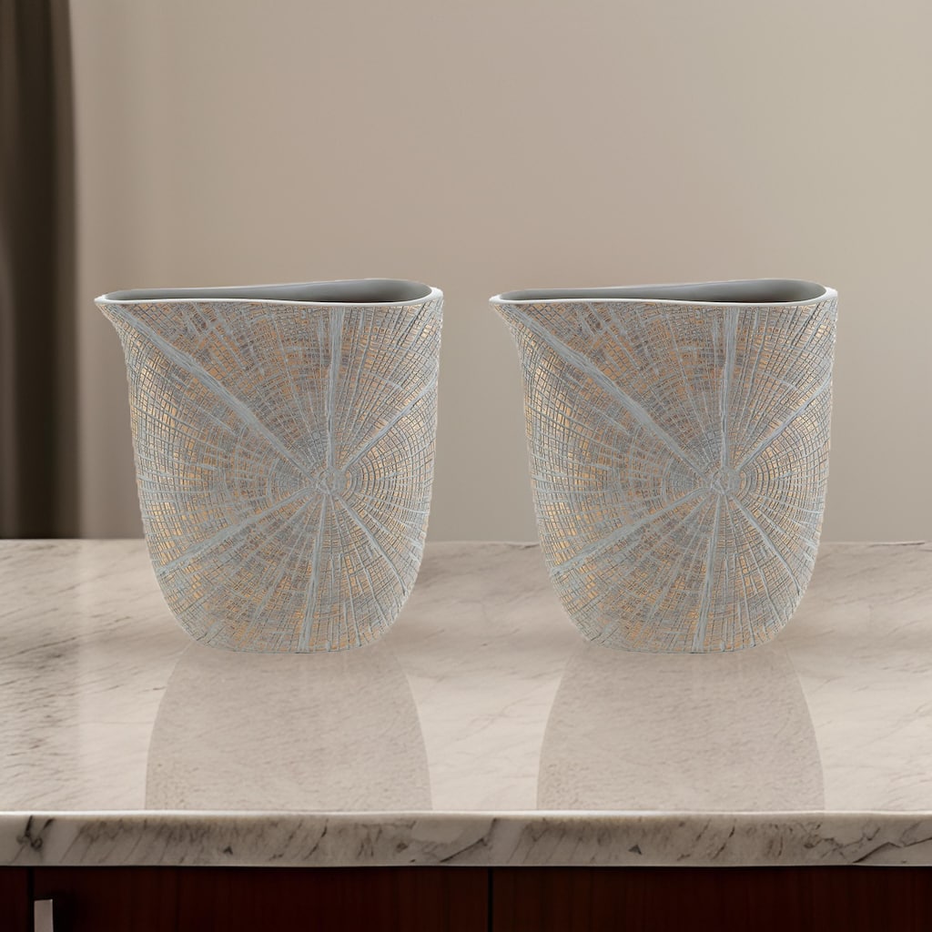 Denver Vase Set of 2, 11 Inch, Starburst Pattern, Antique Gold Polyresin