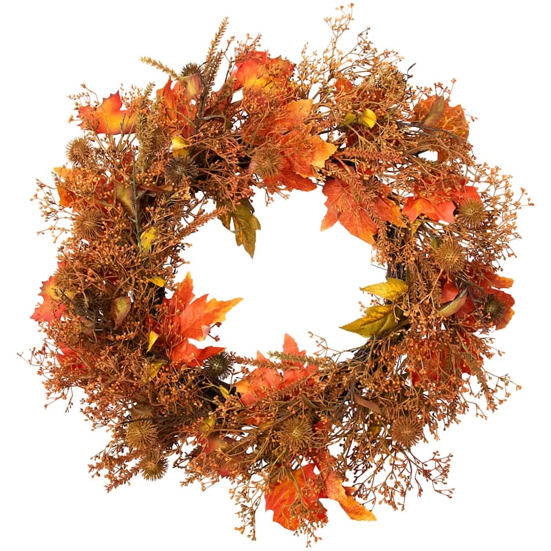 24" Autumn Harvest Maple Leaf with Berries Artificial Wreath; Unlit