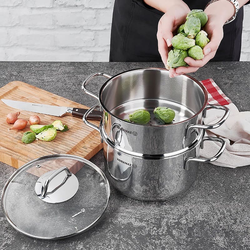 3 Piece 6.9 Liter Stainless Steel Casserole Steamer with Lid in Silver