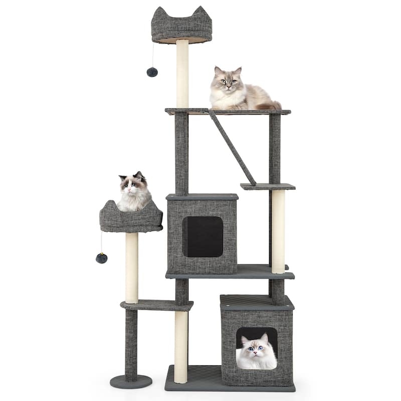 Engineered Board Cat Tree with Sisal Posts, Plush Condos and Anti-Topple Design - 34" L x 16" W x 71" H
