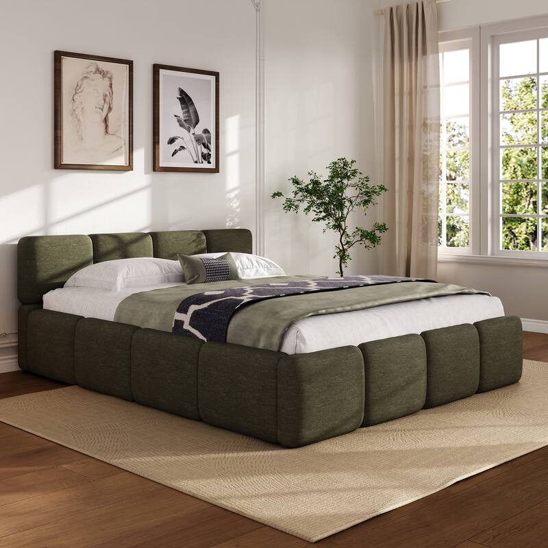 Embedded Platform Bed with Square Plush Upholstery Headboard White