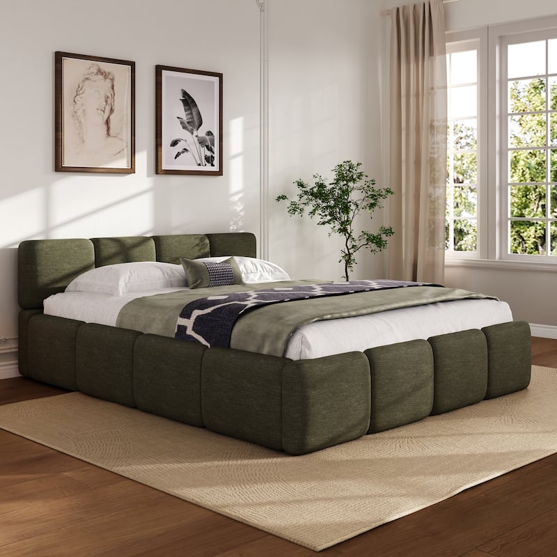 King/Queen/Cal King Platform Bed with Boucle Headboard & Footboard, Upholstered Grounded Frame