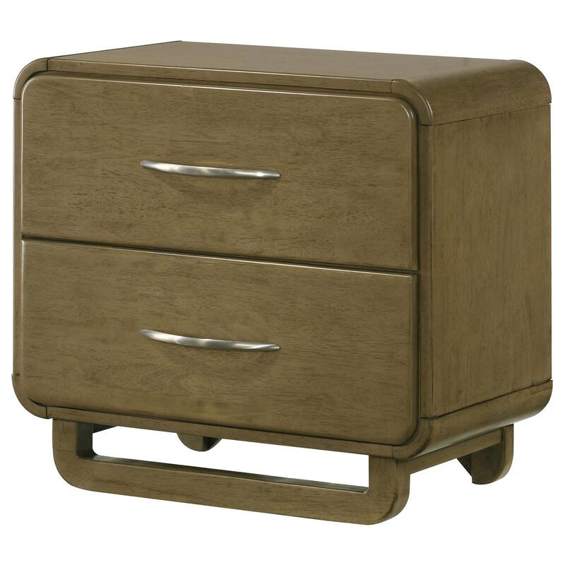 Deon Nightstand, 2 Drawers w Nickel Handles, Sled Legs, Nutmeg Brown