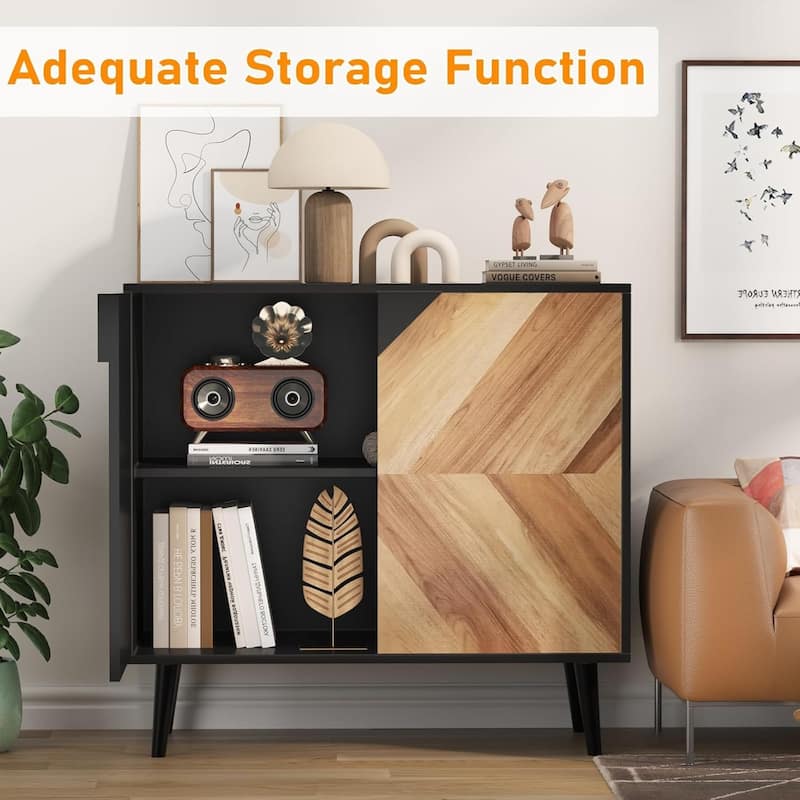 31.5" Cabinet with Shelves and Doors with Storage, Black + Gray Texture