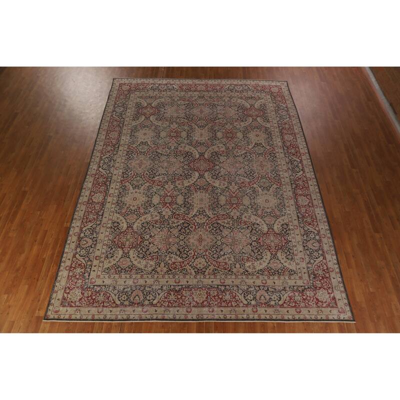 Hand Knotted Oriental 100% Wool Carpet Traditional All-Over Black Kerman Area Rug - 13' 0'' X 9' 8''