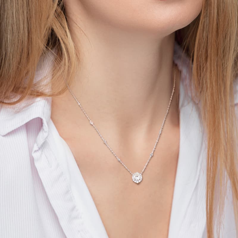 Miadora 1 1/2ct DEW Oval-cut Moissanite Halo Station Necklace in Sterling Silver