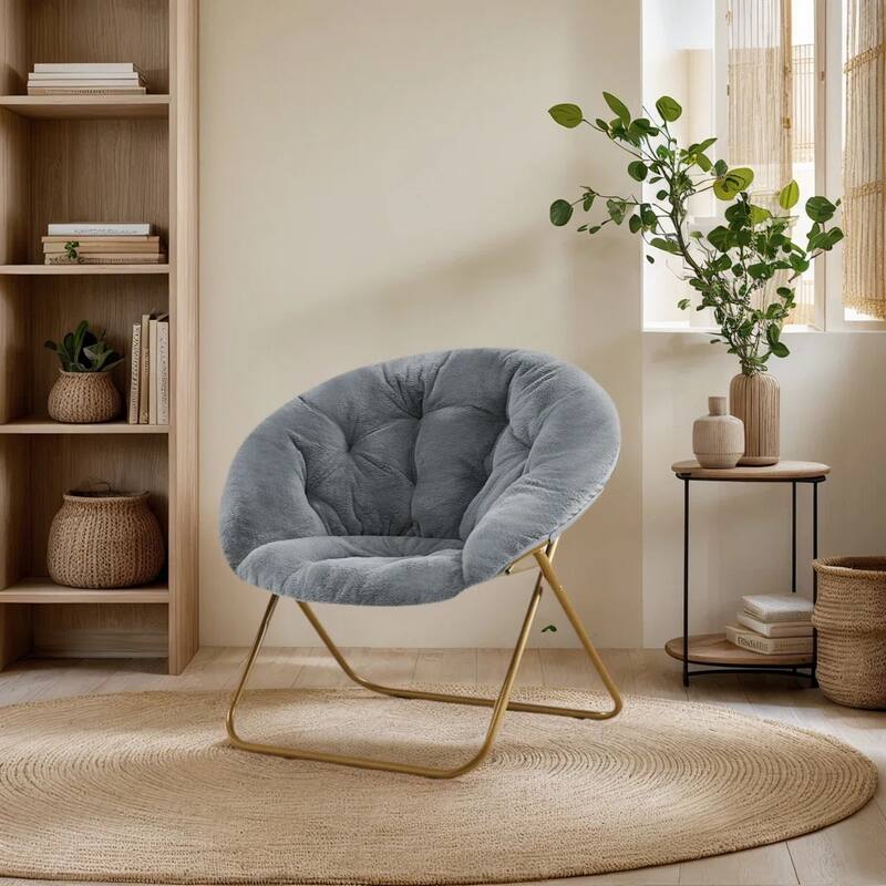 Faux Fur Folding Saucer Chair, Comfy Lounge Chairs for Bedroom Living Room Flexible Folding Seating - Grey