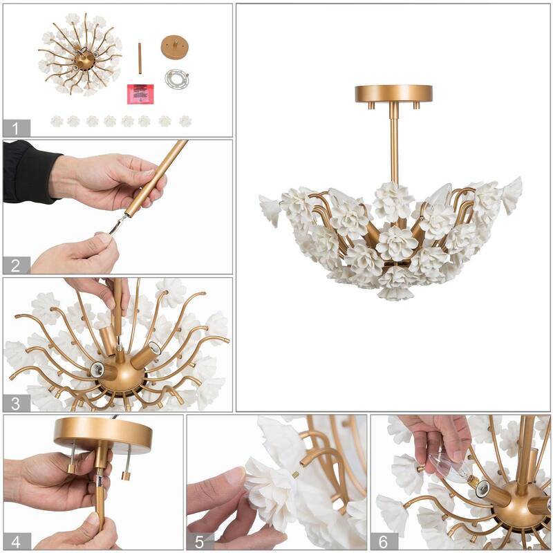 Cotia Mid-century Modern French Country Semi-flush Mount 3-light Ceramic Flowers Bowl Ceiling Light for Dining Room - 15.5 in