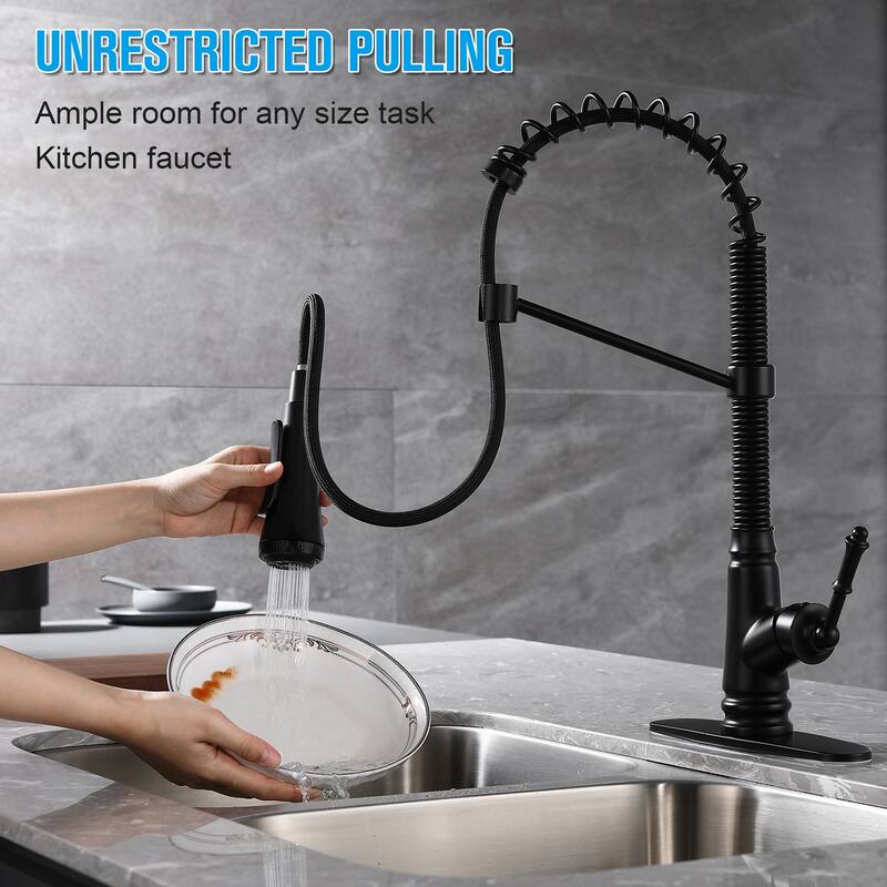 Single Handle Pull Down Kitchen Faucet with Deck Plate Matte Black