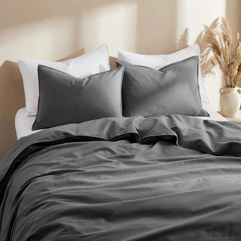 Linen Cotton Duvet Cover and Pillow Sham Set, Breathable and Skin-Friendly Bedding Set - King - Charcoal Gray