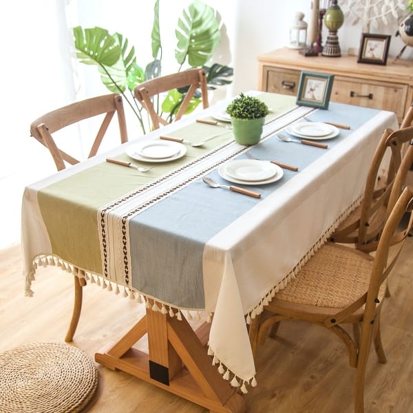 Enova Home 54"x 78" High Quality Rectangle Cotton and Linen Tablecloth with Tassels - Green Blue