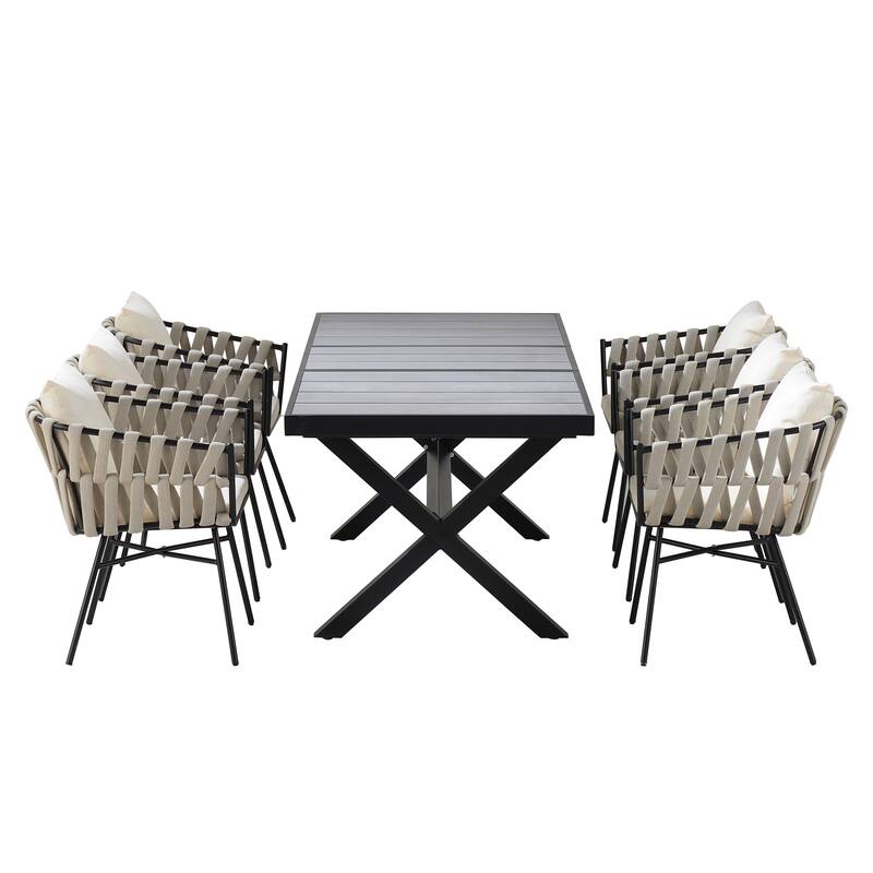 Outdoor Metal Chairs Set w/ 6 Chairs and 1 Extendable Table (Set of 7)