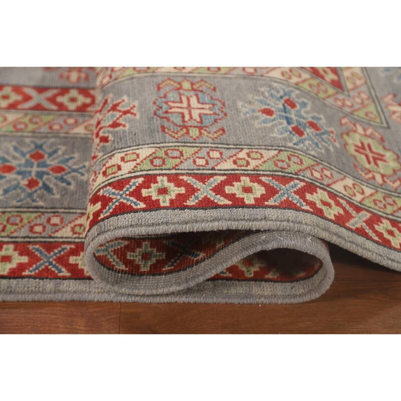 Geometric Kazak Oriental Area Rug Handmade Grey Wool Carpet - 8'2" x 10'0"