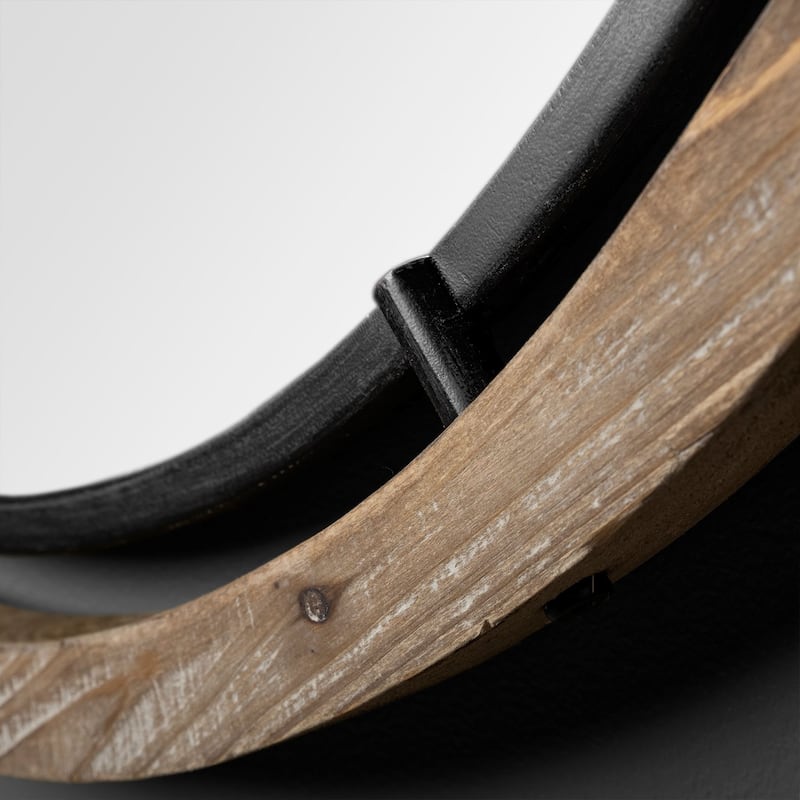 Josi Brown Solid Wood With Black Metal Frame Round Mirror - 28" x 28"