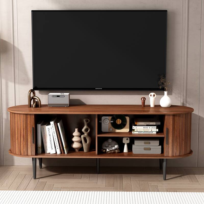 Tv Stand, 55" Modern Tv Console Table With Storage Compartment And Sliding Door, Gaming Entertainment Center With Cabinet