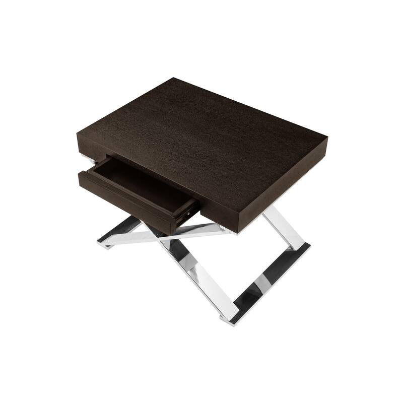 16 in. Espresso Brown and Chrome Rectangle Wood End Table with Storage Drawer for Convenience