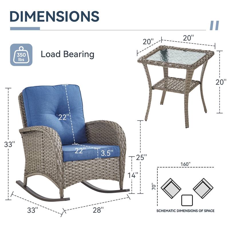 Gymojoy Patio Furniture Set PE Wicker Rocking Chairs & Side Table