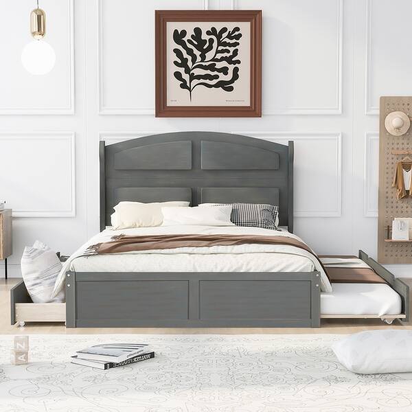slide 2 of 14, Queen Size Platform Bed with Twin Trundle and 2 Drawers,Traditional Style Antique Gray