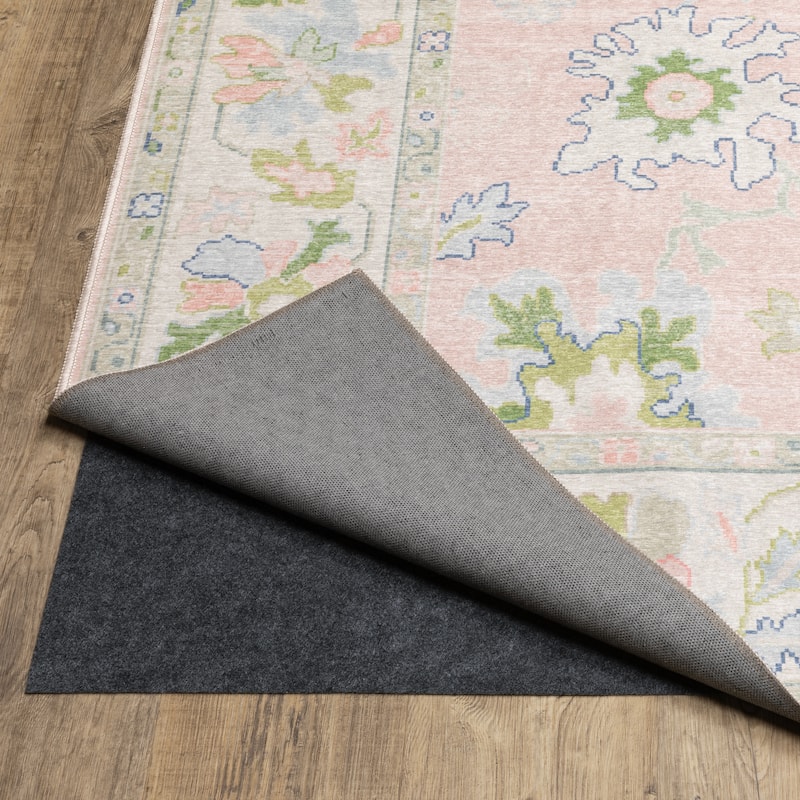 Addison Traditional Bordered Floral Pink/ Green Printed Washable Flat Pile Area Rug