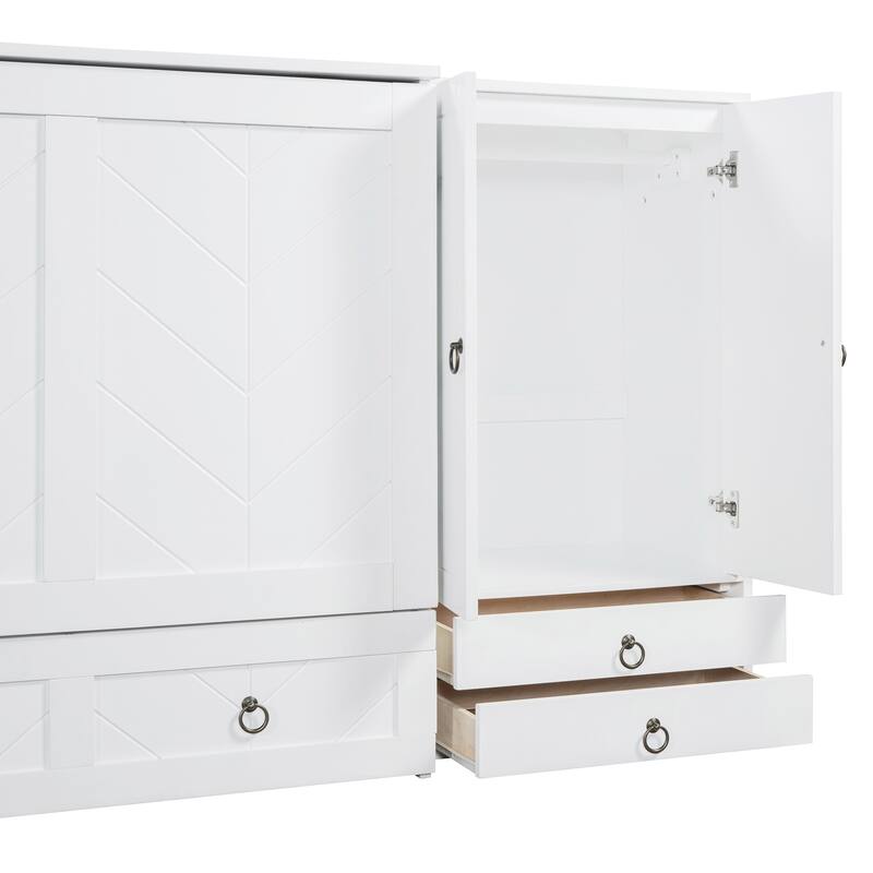 Queen Size Solid Wood Murphy Bed with Charging Station, Built-In Wardrobes, Drawers, and Foldable Cabinet Design