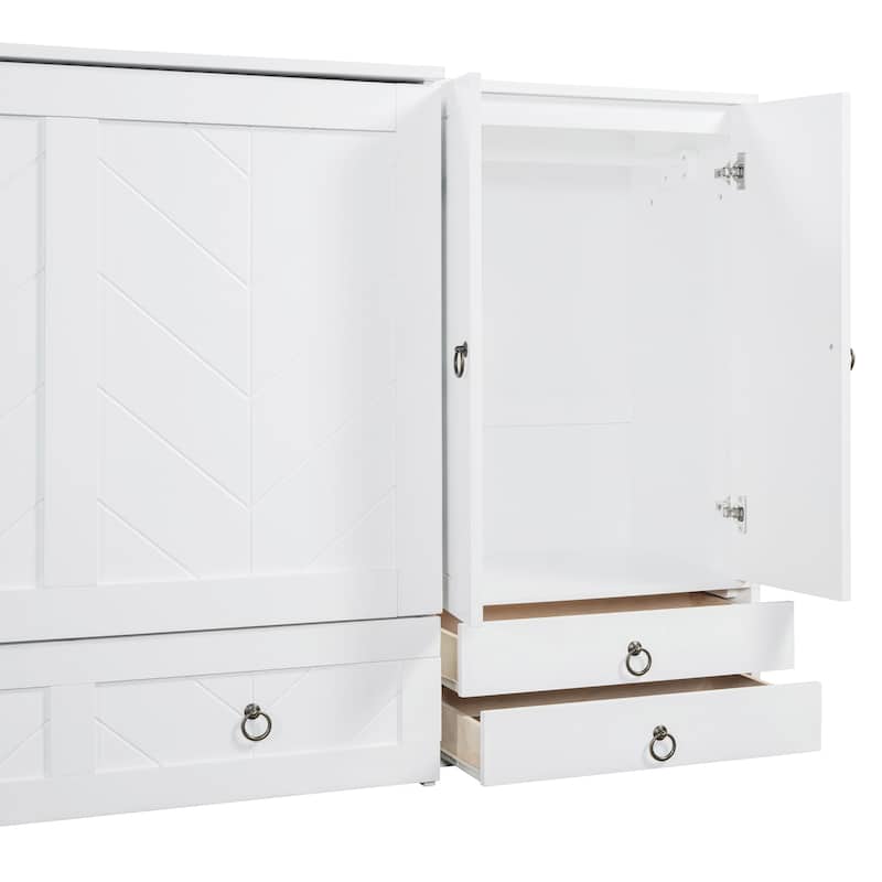 Queen Size Wood Hidden Murphy Bed with Storage Wardrobes and Drawer, Foldable Wall Bed with USB Charging Station & Dual Cabinet聽