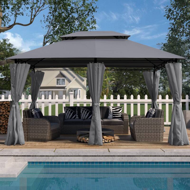 13 x 10 Outdoor Gazebo Canopy Tent With Ventilated Double Roof And Mosquito net for Lawn(Detachable Mesh Screen On All Sides) - Grey
