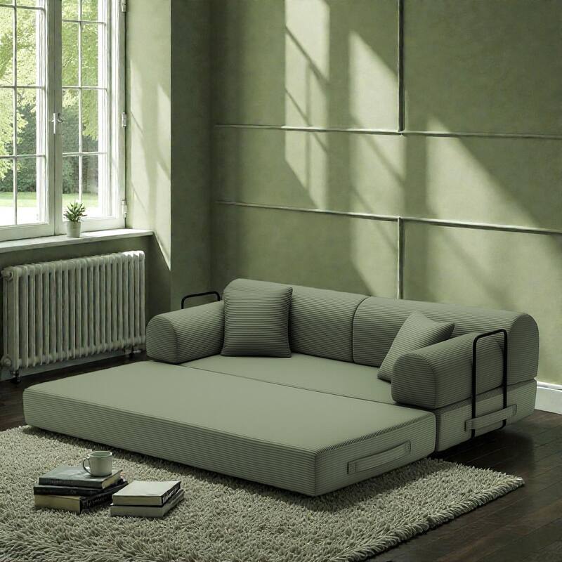 Convertible Sleeper Sofa Bed, 4-in-1 Corduroy Folding Floor Couch with Cylindrical Pillow, 2-Seat Space-Saving Lounge Sofa