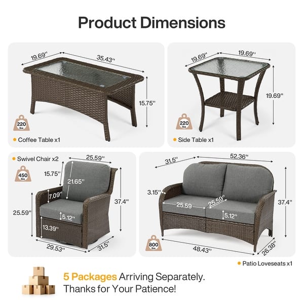 dimension image slide 1 of 2, 5-Piece Outdoor Rattan Seating Set with Swivel Chairs & Coffee Table