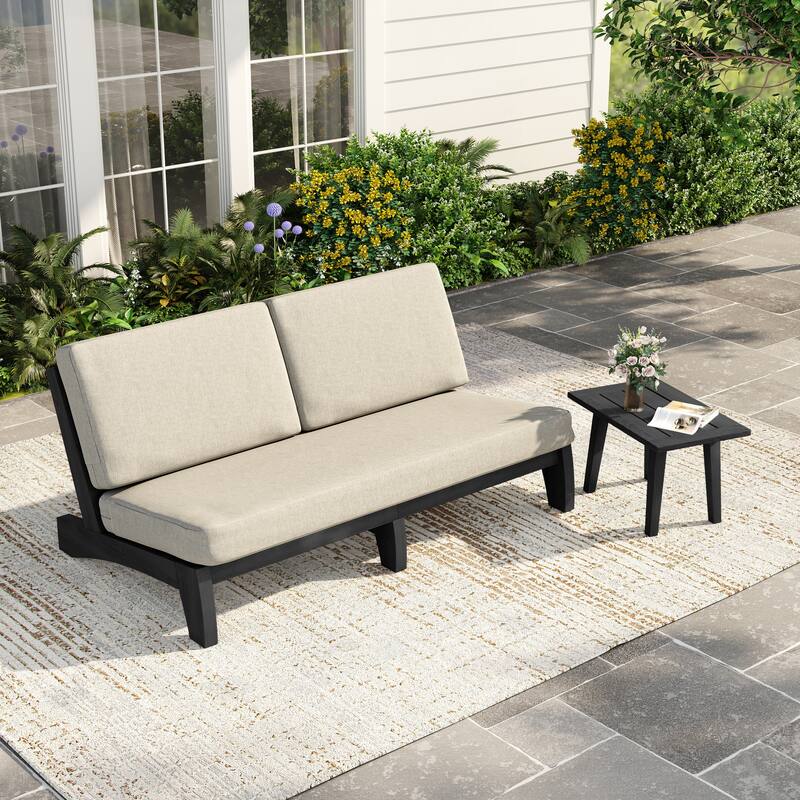 2-Piece Casual Teak Outdoor Patio Sofa Set with Side Table