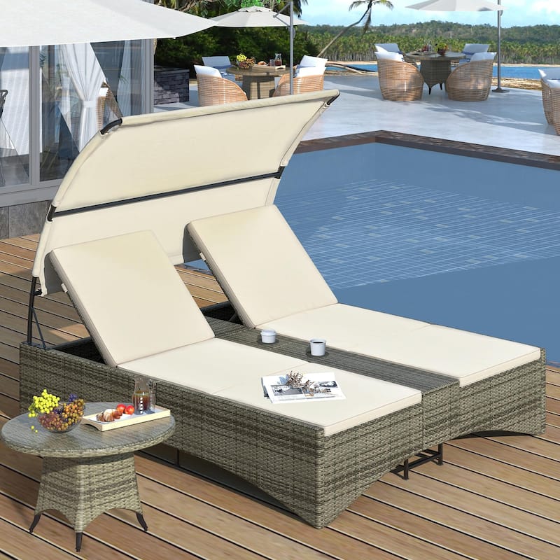MERAX Outdoor Rattan Sun Lounger with Shelter Roof, Adjustable Backrest