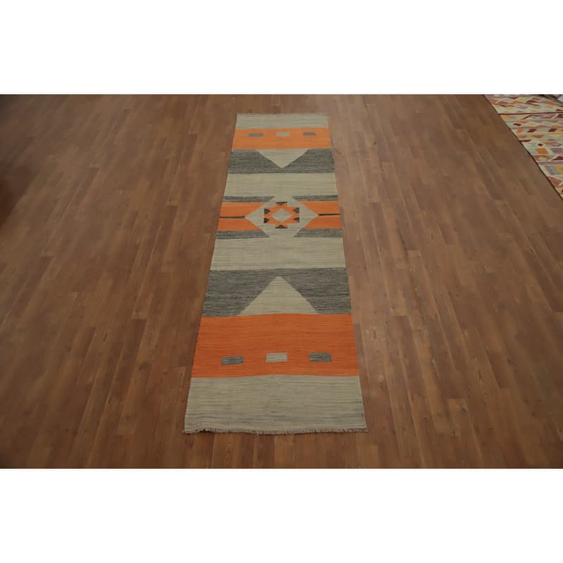 Hand Woven Oriental 100% Wool Carpet Southwestern Modern Greys & Charcoal Kilim Runner Rug - 9' 8'' X 2' 6''