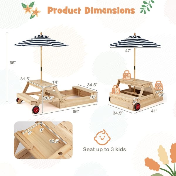dimension image slide 1 of 2, Gymax 3-in-1 Wooden Sandbox w/Foldable Umbrella Convertible Picnic