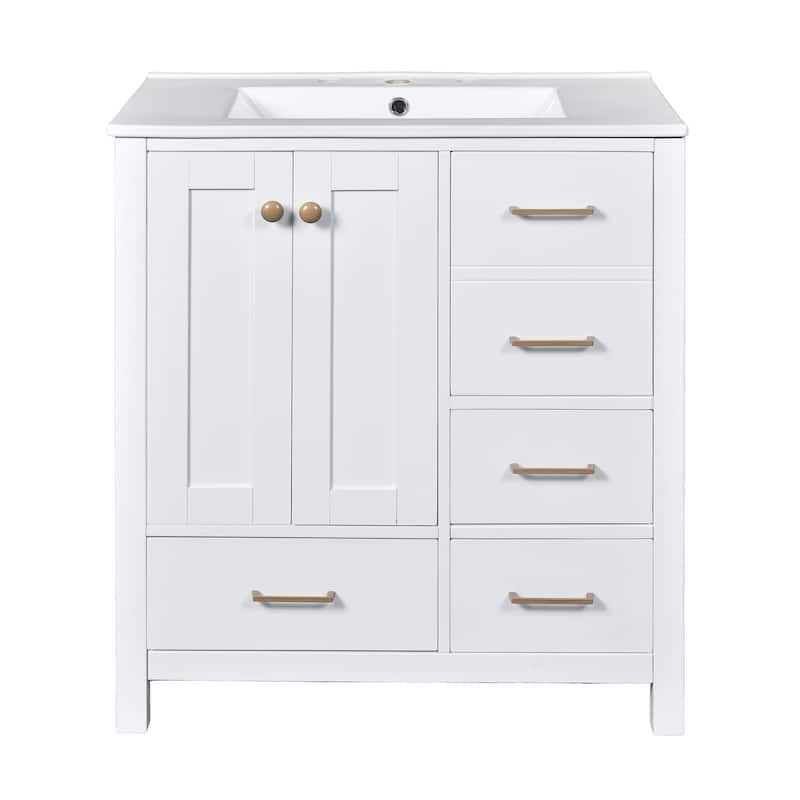 30" Bathroom Vanity with Ceramic Sink Combo, Solid Wood Frame Bathroom Storage Cabinet, Freestanding Vanity Set
