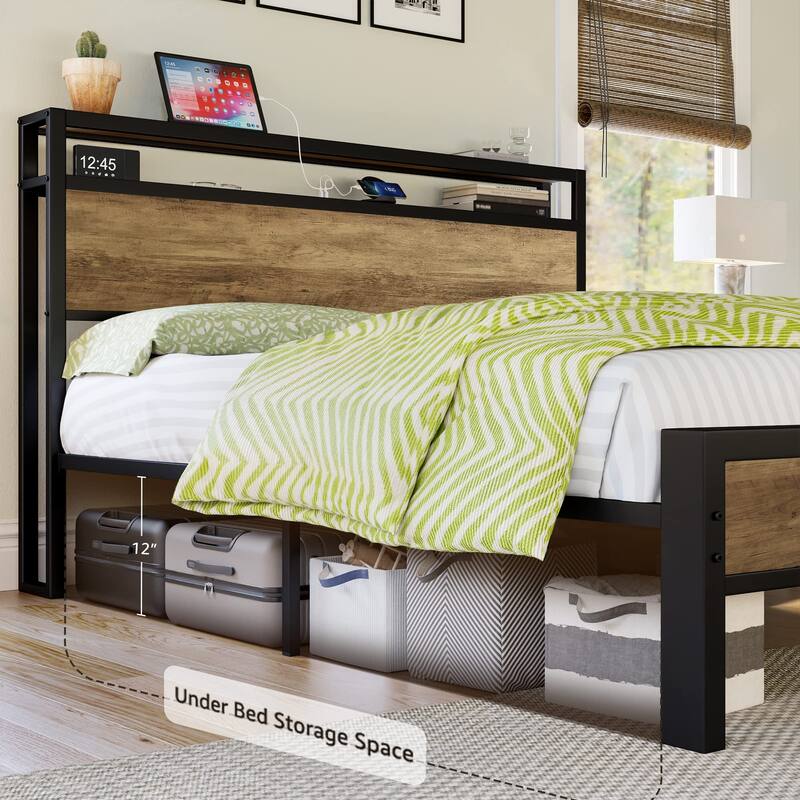 King Size Bed Frame, Platform Bed Frame with 2Tier Storage Headboard