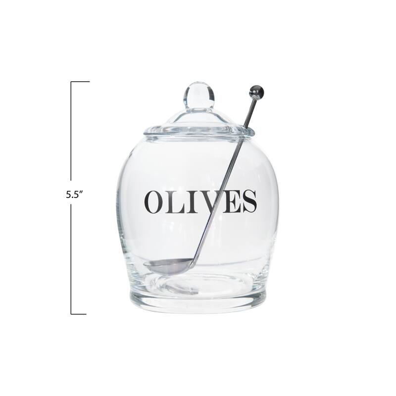 Clear Glass "OLIVE" Jar with Lid & Slotted Stainless Steel Spoon (Set of 3 Pieces including Lid)