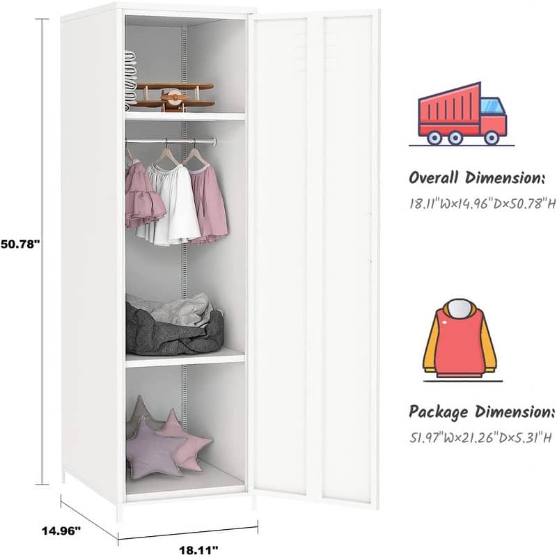 Metal Armoires Locker Cabinet for Kid with Hanging Rod and Shelves - White