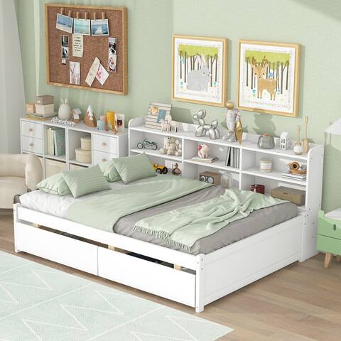 Full Size Storage Daybed Wood Platform Bed with Side Bookcase and 2 Drawers, White