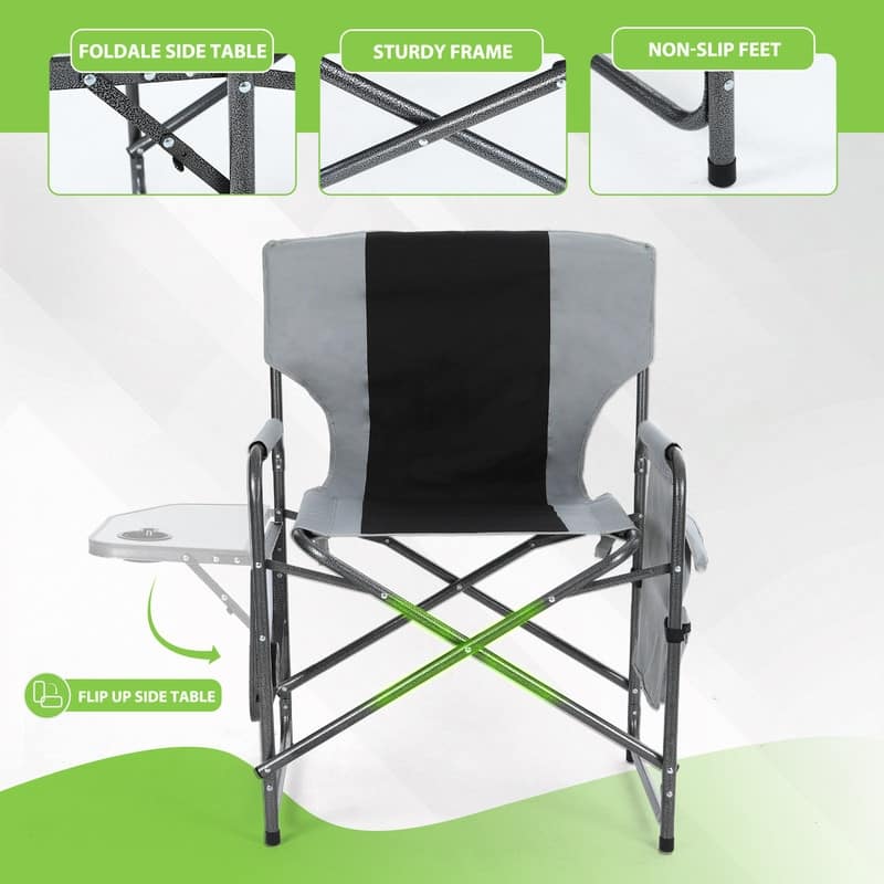 Aluminum Foldable Director Chair with Side Table & Storage Pocket, Lightweight Camping Chair with Sturdy Armrests for Camping