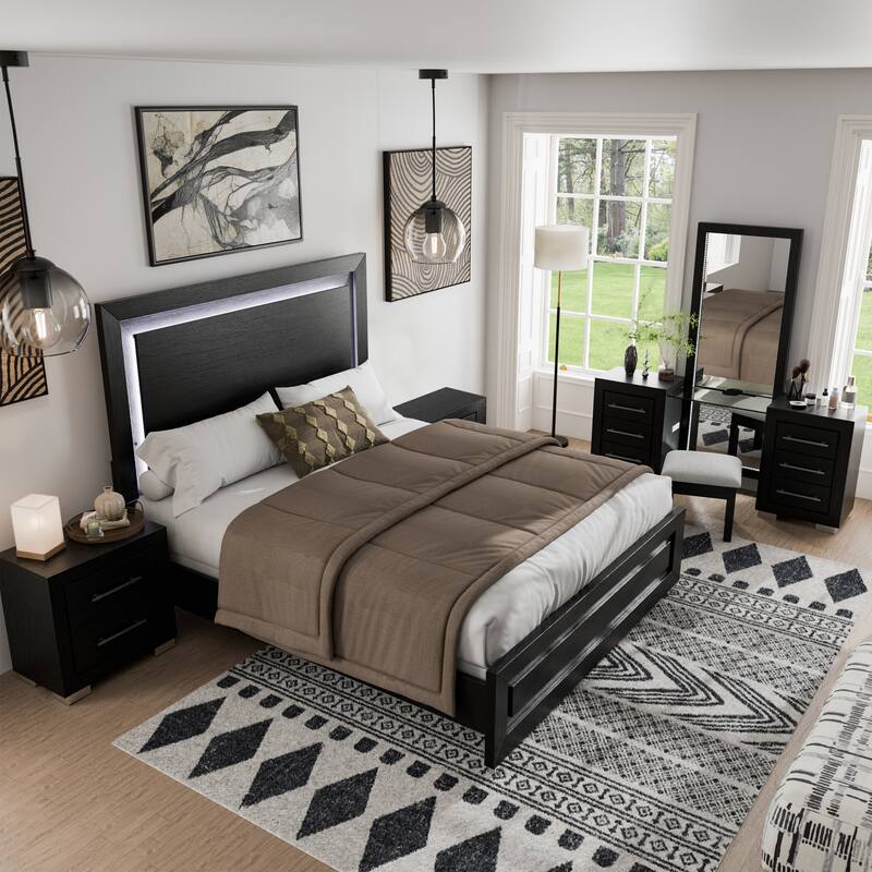 Furniture of America Alaric Modern Black Solid Wood 4-Piece Bedroom Set with 69-inch Makeup Vanity and 2 Nightstands - Eastern King