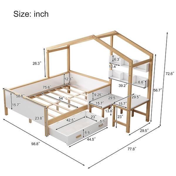Full House Bed with Desk, Drawer & Bookshelf
