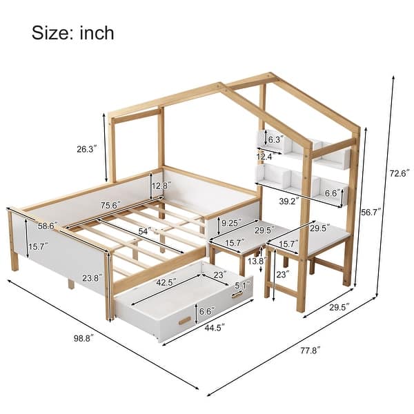 Full Size Wooden House Bed Original Wood Colored Frame with Drawer, Platform Bed with Desk and Bookshelf, White
