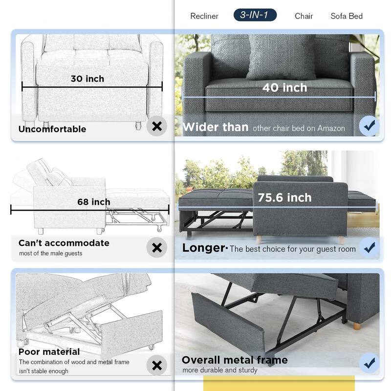 AECOJOY Adjustable Sleeper Chair Bed 3-in-1 Convertible Futon Sofa