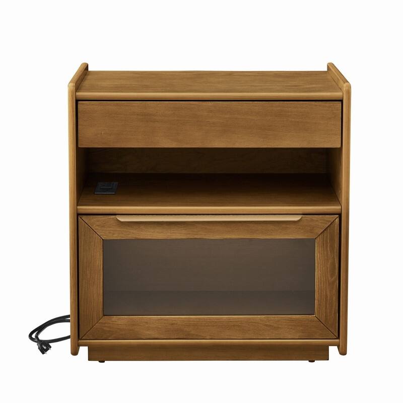Mid Century Modern 2-Drawer Nightstand with Charging Station and Open Shelf for Bedroom Storage and Convenience
