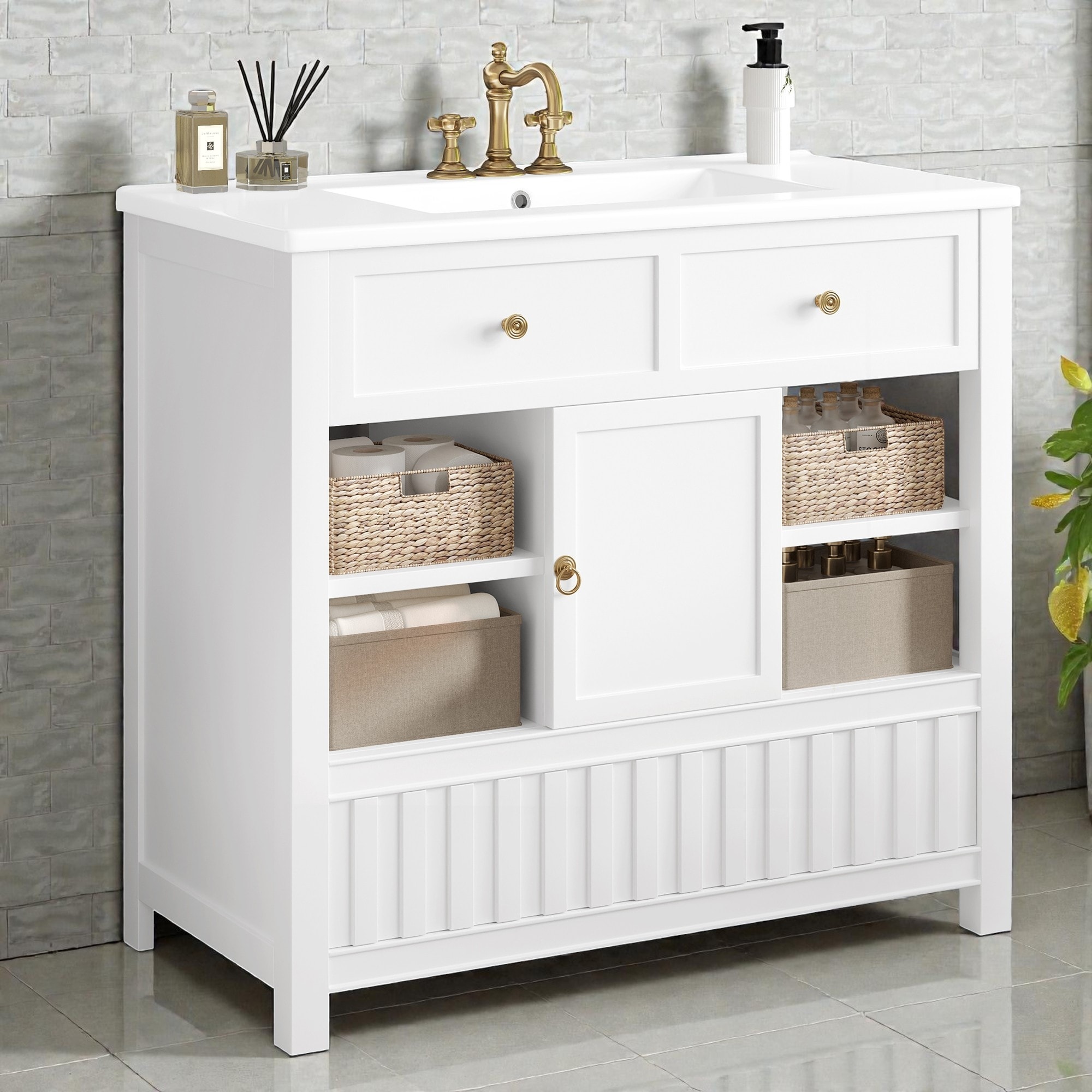 36" Bathroom Vanity with Sink, Multi-functional Cabinet with Doors, Storage Shelves, and Drawer, White - Solid Wood+MDF