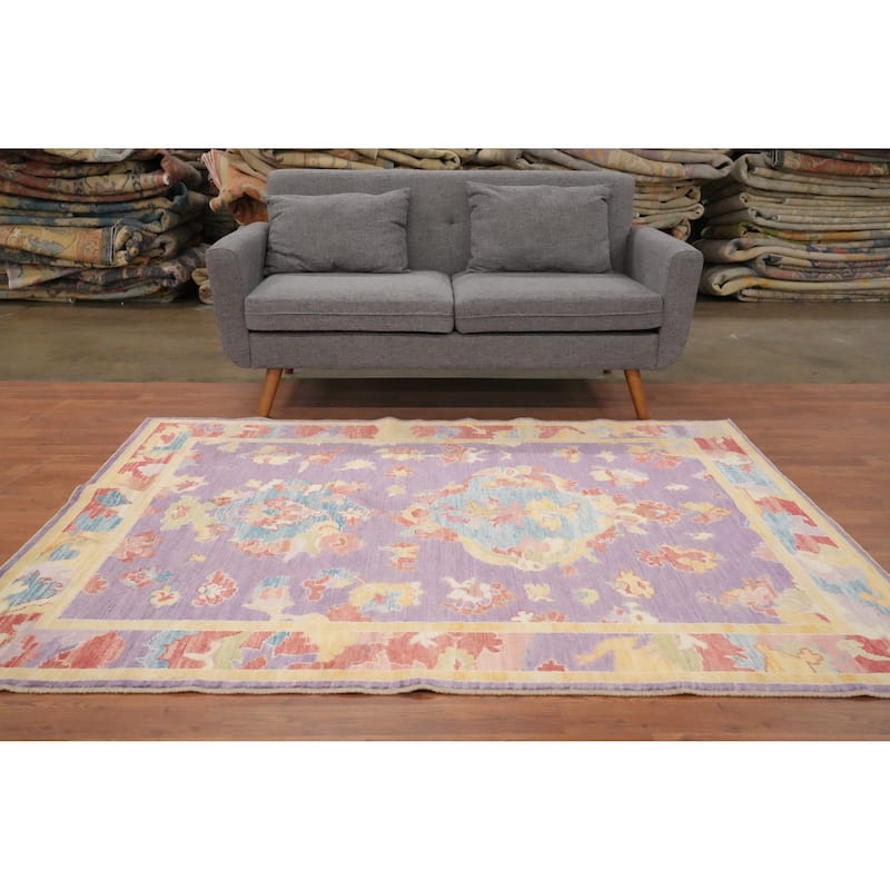 Hand Knotted Oriental 100% Wool Carpet Transitional Floral Purples Oushak Area Rug - 6' 8'' X 5' 1''