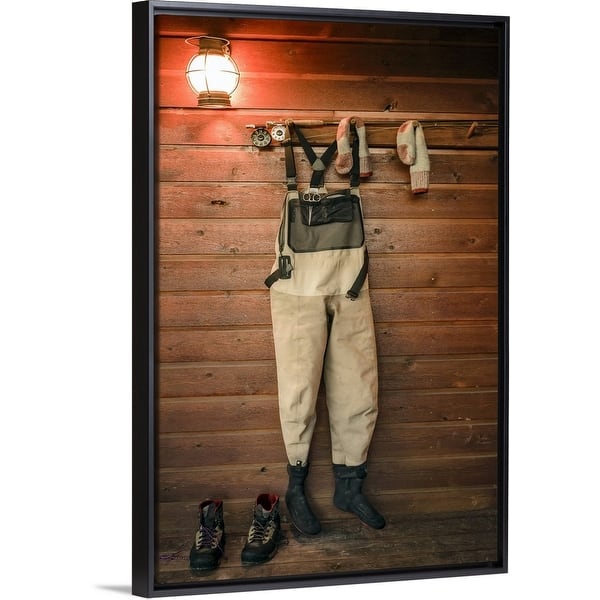 Fisherman's waders, rod and boots Black Float Frame Canvas Art