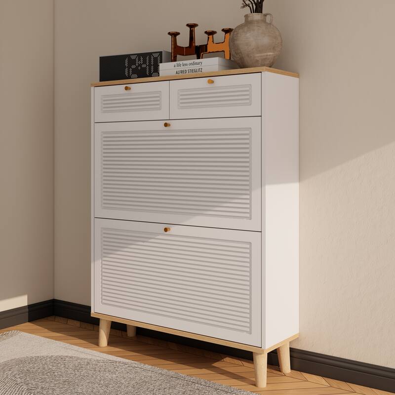 Narrow Shoe Cabinet with 2 Flip-Up Doors & 2 Drawers, Freestanding Entryway Shoe Organizer, Shoe Rack with Natural Wood Legs